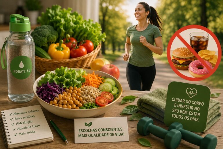 Ilustração de hábitos saudáveis com alimentação equilibrada, hidratação, prática de atividade física e redução do consumo de alimentos ultraprocessados para promover mais saúde e qualidade de vida.