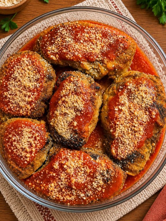 Travessa de vidro com bifes vegetais empanados ao molho de tomate e cobertura crocante, servidos sobre uma mesa de madeira rústica com ervas frescas e toalha de tecido.
