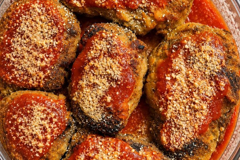 Travessa de vidro com bifes vegetais empanados ao molho de tomate e cobertura crocante, servidos sobre uma mesa de madeira rústica com ervas frescas e toalha de tecido.