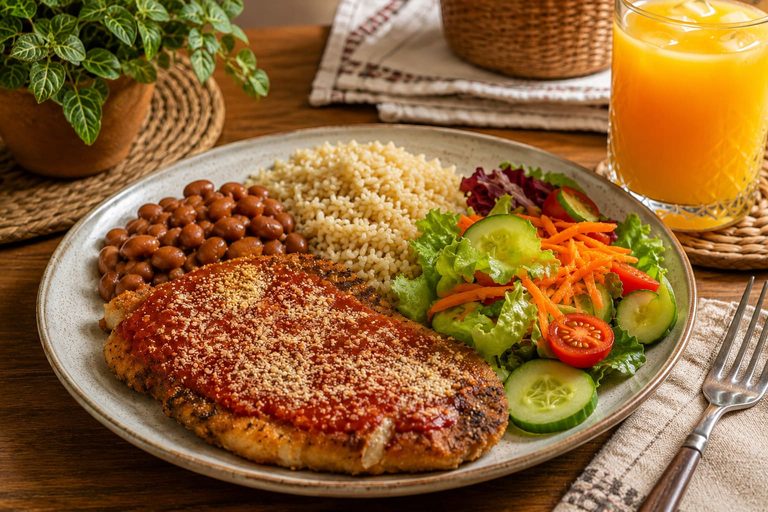 Bife vegano grelhado com molho de tomate e gergelim, servido com arroz integral, feijão e salada de alface, cenoura, pepino, tomate e beterraba, acompanhado de suco de manga.