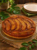 Bolo de banana caramelizada invertido sobre prato de vidro, com cobertura brilhante de bananas e fundo rústico em madeira.
