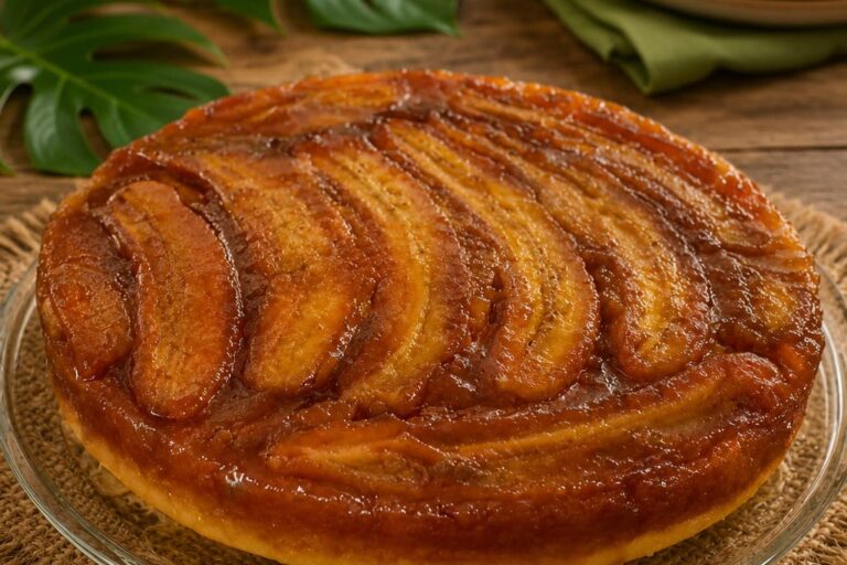 Bolo de banana caramelizada invertido sobre prato de vidro, com cobertura brilhante de bananas e fundo rústico em madeira.