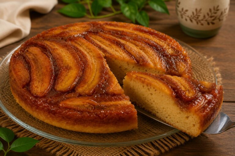 Bolo de banana caramelizada com uma fatia retirada, revelando a massa macia e úmida, servido em prato de vidro sobre mesa de madeira.