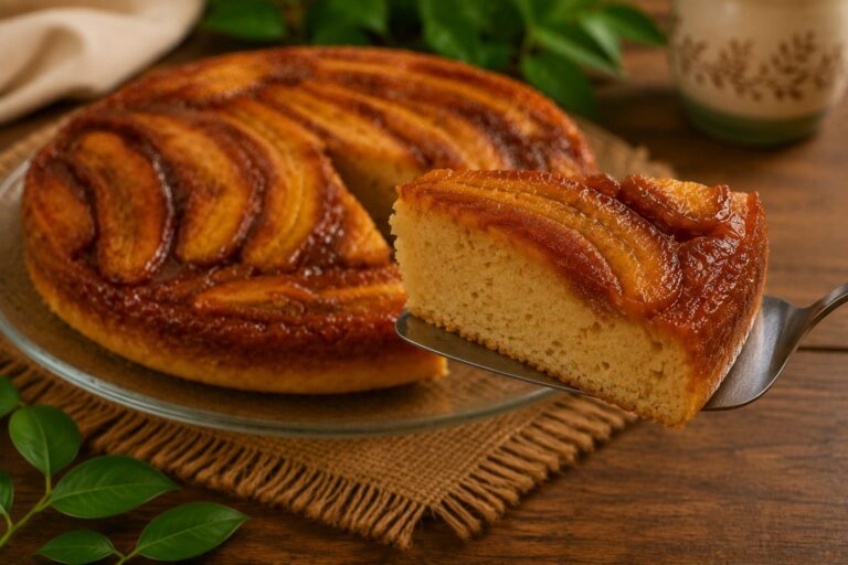 Fatia de bolo de banana caramelizada sobre uma espátula, destacando a textura macia da massa e a cobertura de bananas caramelizadas, com o bolo ao fundo.