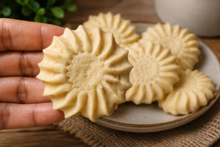 Sablé de limão vegano em formato de flor, segurado por uma mão, com outros biscoitos sobre um prato rústico ao fundo.