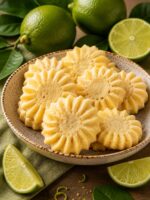 Sablés de limão veganos em formato de flor, servidos em prato rústico, acompanhados de limões verdes, folhas e raspas de limão sobre uma mesa de madeira.