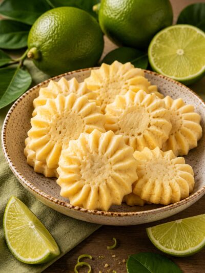 Sablés de limão veganos em formato de flor, servidos em prato rústico, acompanhados de limões verdes, folhas e raspas de limão sobre uma mesa de madeira.