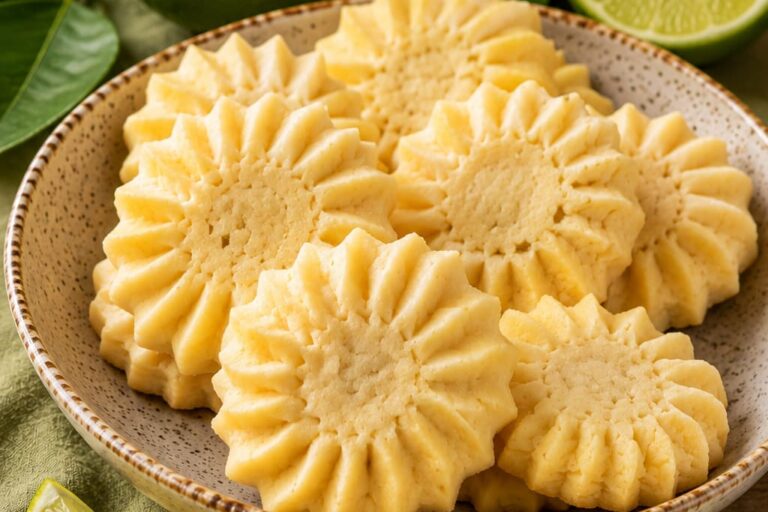 Sablés de limão veganos em formato de flor, servidos em prato rústico, acompanhados de limões verdes, folhas e raspas de limão sobre uma mesa de madeira.