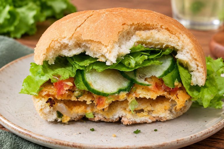 Hambúrguer de grão-de-bico no pão, com alface, tomate e pepino, servido em prato
